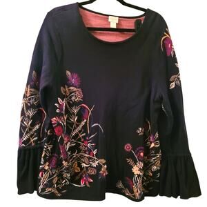 Chicos Floral Embroidered Black Bell Sleeved Top Blouse Size M Boho Cottagecore
